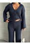 Corded Fabric Button Cardigan Flared Pants Knitwear Set - 7