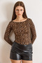 Women's Leopard Brown Boat Neck See-Through Blouse Blz-19003195 - 5