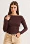 Women's Brown Side Draped Boat Neck See-Through Blouse Blz-19003196 - 4
