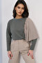 Khaki Crew Neck Knitted Blouse with Draped Shoulders and Colorful Trims Alc-X14915 - 2