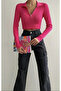 Pink Semi-Zip Corded Fabric Knitwear Blouse