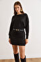 Women's Black Bat Belted Soft Textured Mini Dress Elb-19002580 - 6