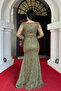 Full Beaded Fabric Degaje Collar Fishtail Dress - Khaki Green - 5