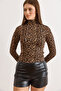 Women's Leopard Brown Turtleneck See-Through Stretchy Blouse Blz-19003169 - 4