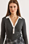 Women's Smoked White Collar Detailed Buttoned Corded Fabric Flexible Blouse Blz-19003181 - 5