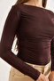 Women's Brown Side Draped Boat Neck See-Through Blouse Blz-19003196 - 6