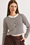 Women's Brown Crew Neck Striped Basic Knit Cardigan Hrk-19000456 - 4