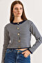 Women's Navy Blue Crew Neck Striped Basic Knit Cardigan Hrk-19000456