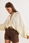 Women's Ecru Zippered Batwing Loose Fit Cardigan Hrk-19000457 - 2