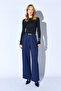 بنطلون بالازو بتأثير الصوف المطوي مع حزام داخلي باللون الأزرق الداكن |   MKW669832-01 - 2