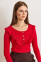 Women's Red Ruffled Placket Ribbed Knit Blouse Blz-19001667 - 5