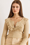 Women's Beige Ruffled Placket Ribbed Knit Blouse Blz-19001667 - 3