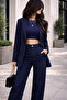 Women's Navy Blue Blazer Jacket and Wide-Leg Trousers Set - 2