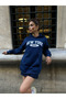 Navy Blue 100% Cotton New York Print Hooded Sweatshirt - 3