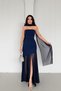 Navy Blue Tulle Skirt Strapless Evening Dress with Shawl Detail