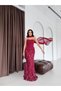 Burgundy Strapless Rhinestone Shawl Detail Long Mermaid Evening Dress - 3