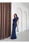 Navy Blue Collar Detailed Sequined Long Evening Dress - 3