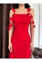 Red Strap Floral Detailed Long Evening Dress - 4