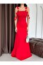 Red Strap Floral Detailed Long Evening Dress - 5