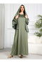 Women Green Ruched Sleeves Jalabiya with Headscarf - 2
