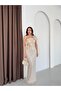 Beige Collar Detailed Sequined Long Evening Dress - 2