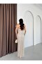 Beige Collar Detailed Sequined Long Evening Dress - 6