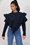 Navy Blue Crew Neck Ruffle Detailed Textured Winter Blouse Alc-X14918 - 2