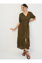 Women Olive Crinkled V-Neck Maxi Dress - 6