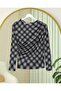 Plaid Patterned Blouse with Gathered Sides - Black - 4