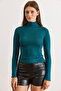 Women's Petrol Blue Turtleneck Transparent Stretchy Blouse Blz-19003169 - 2