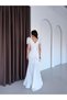 White Shoulder Detail V-Neck Stone Embroidered Evening Dress - 6
