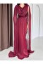 Burgundy Drapey Chiffon Cape Sleeve Long Evening Dress - 4