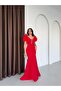 Red Shoulder Detail V-Neck Stone Embroidered Evening Dress - 2
