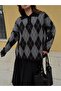 Women's Black Oversized Fleece-Lined Plaid Polo Neck Sweater 5593 - 6
