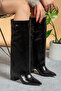 Women's detachable gaiter detail pointed-toe black crinkled patent leather boots - 5