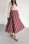 Women's Burgundy High Waist Plaid Pattern Double Pocket Midi Bell Skirt - 3