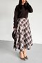 Women's Brown High Waist Plaid Pattern Double Pocket Bell Midi Skirt - 3