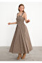 Coffee Checkered A-Line Mid-Length Square Neck Dress - 6