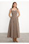 Coffee Checkered A-Line Mid-Length Square Neck Dress - 5