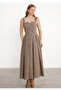 Coffee Checkered A-Line Mid-Length Square Neck Dress - 8