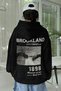Women's Black 1898 Printed 3 Thread Threaded Hooded Oversize Loose Fit Hoodie Sweatshirt