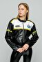 Women's Oversize Printed Leather Striped Biker Coat Short Zippered Racer Jacket Bomber College Coat - 4