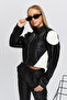 Women's Oversize Zippered Collar Snap Fastener Shoulder and Skirt White Patterned College Racer Jacket Biker Coat