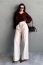 Beige Wide Leg Women's Fabric Trousers Sh341 - 7