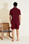 Burgundy Men's Short Sleeve Cotton Shirt Collar Buttoned Piping Shorts Suit 7821 - 3