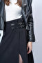 Black Leather Belt Accessory Wrap Cut Midi Length Velvet Skirt Alc-X14570 - 8