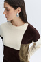 Women's Ecru Color Block Crew Neck Sweater - 3