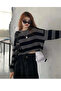 Black Gray Striped Crew Neck Crop Women's Knitwear Sweater - 6