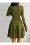 Women's Green Double Breasted Collar Crepe Fabric Long Sleeve Flared Dress 4F-2198 - 4