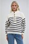 Ecru Stripe and Button Detailed Mock Neck Knitwear Sweater 1393 - 3